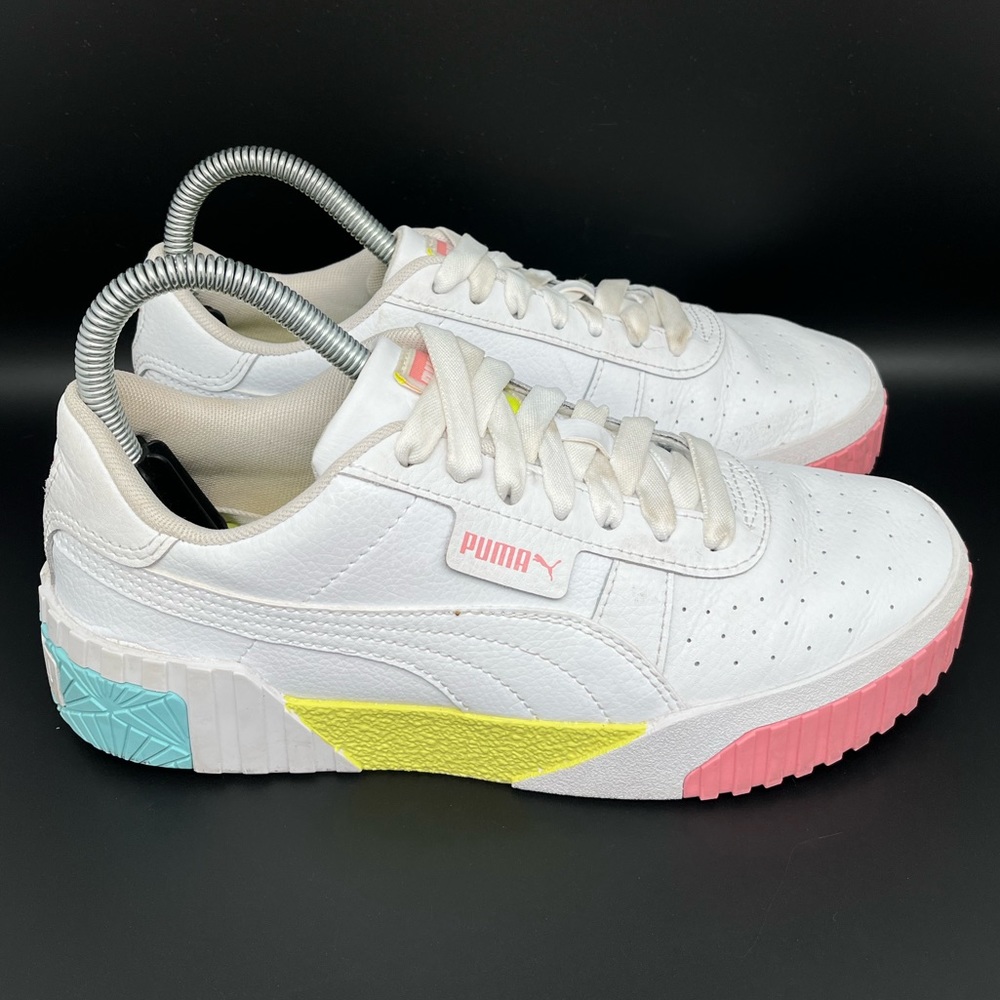 Puma White Sneakers with Pink, Yellow, and Blue Accents